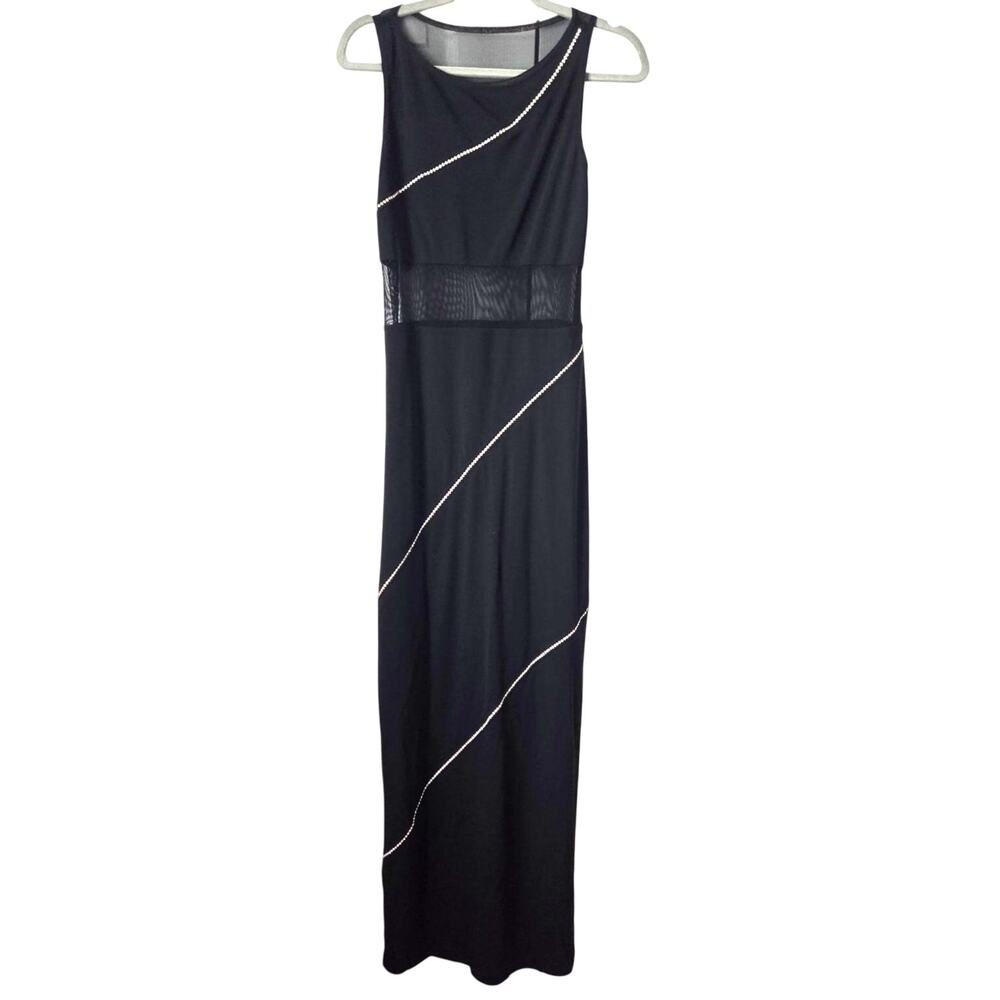 Vintage 90s Y2K Morgan & Co Black Slip Dress Sheer Midsection Rhinestone Formal